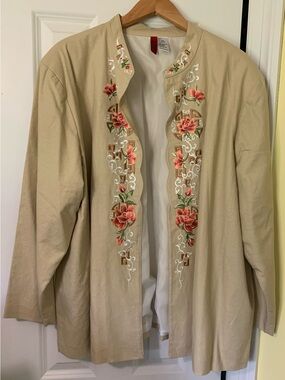 Linen Blend Embroidered Floral Open Cardigan Jacket Tan Beige Neutral
